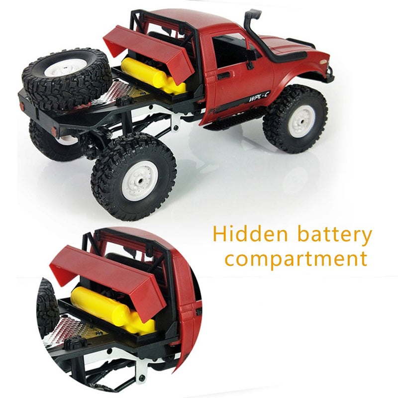 YIKESHU RC Truck Remote Control Rock Crawler Off-Road Racing Vehicles 1:16 2.4G 2CH 4WD Offroad RC Crawler Kids Toy Climb Semi Truck RTR Trailer LED Lights Red (WPL-C14) - Image 5